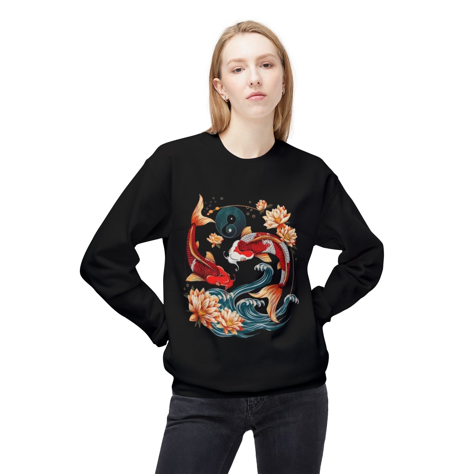 Koi Fish Yin Yang Crewneck Sweatshirt | Floral Watercolor - Image 3