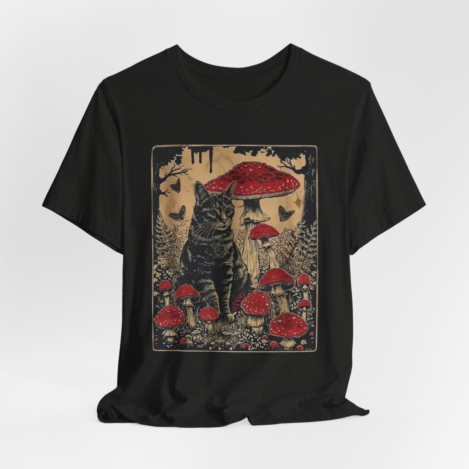 Black Cat with Red Mushrooms T-Shirt | Moody Forest Cat Illustration - Image 8