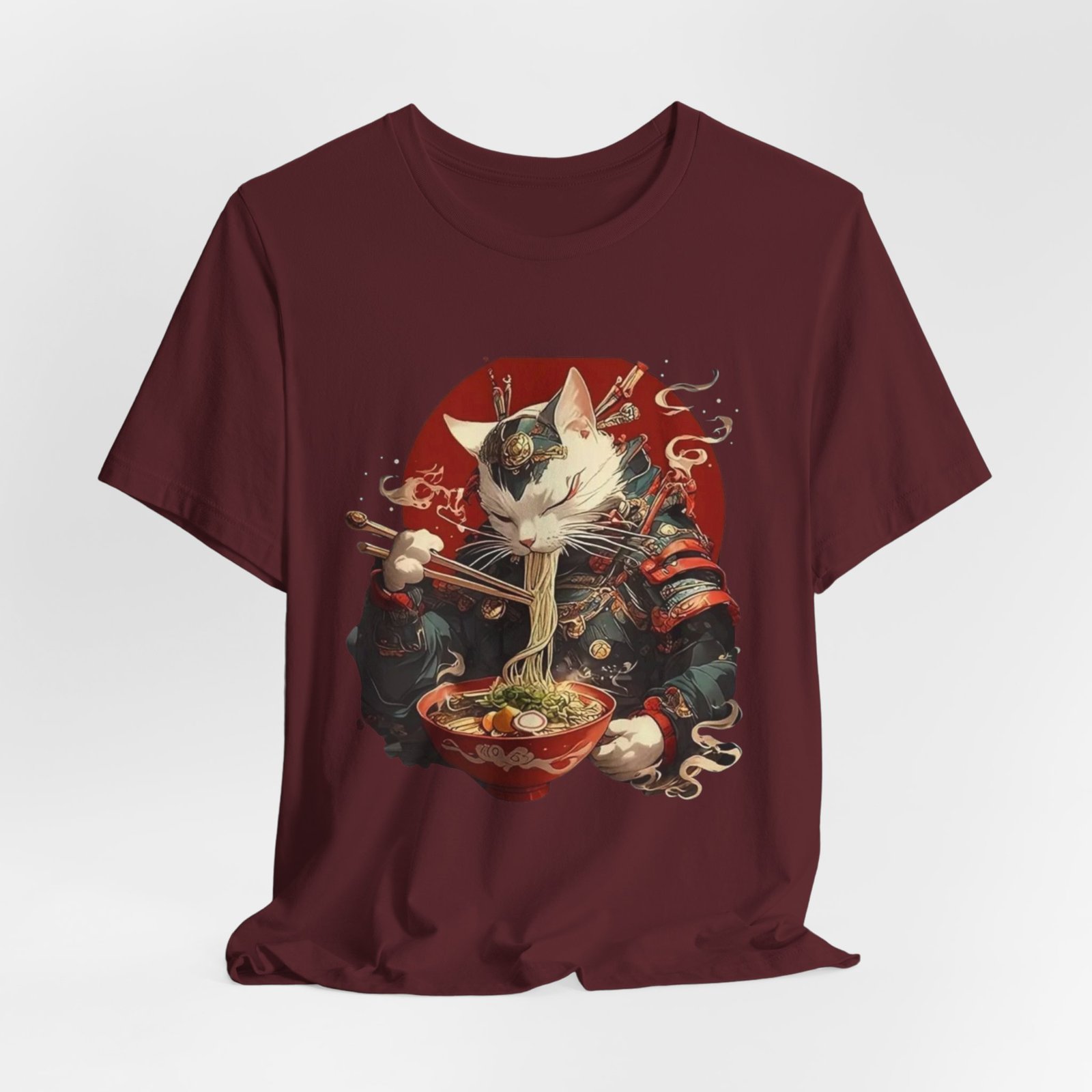 Samurai Cat Eating Ramen Tee | Japanese Neko Bowl, Anime-Inspired Shirt - Image 24
