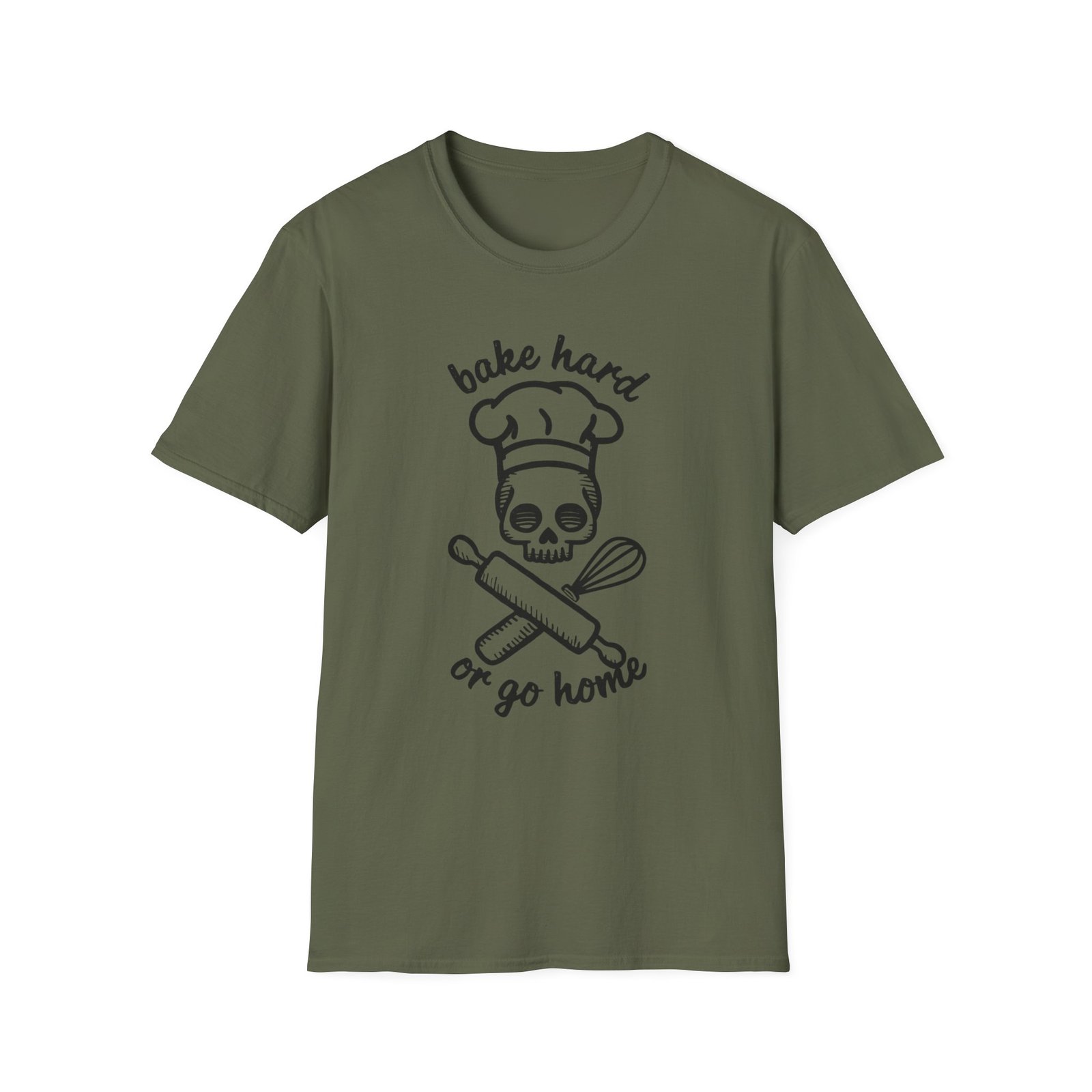 Bake Hard or Go Home T-Shirt | Skull Baker, Rolling Pin & Whisk Design - Image 13