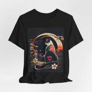 Japanese style Moonlit Cat Illustration T-Shirt | Floral Japanese Style, Crescent Moon