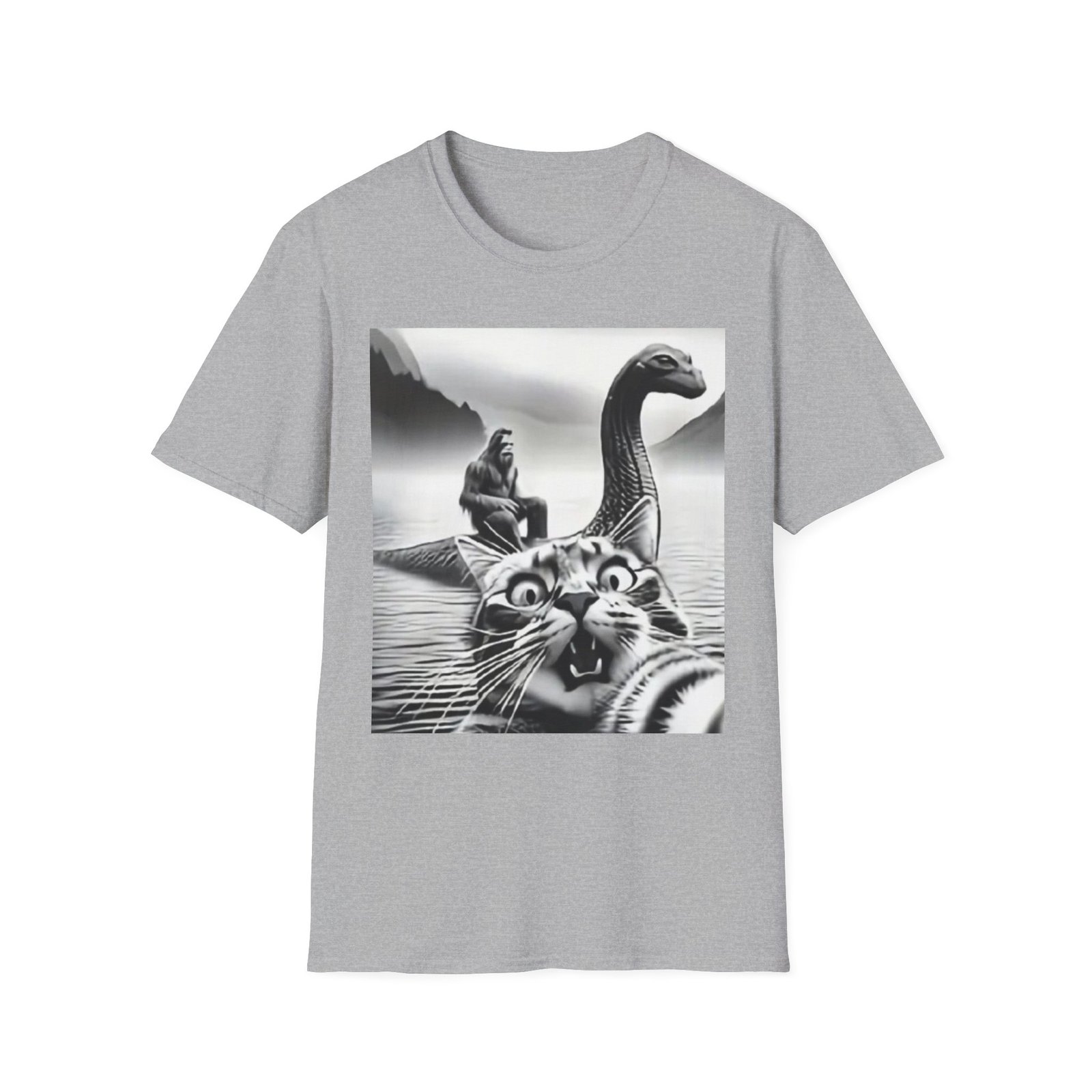 Surprised Cat on Loch Ness Monster T-Shirt | Retro Monochrome Illustration - Image 5