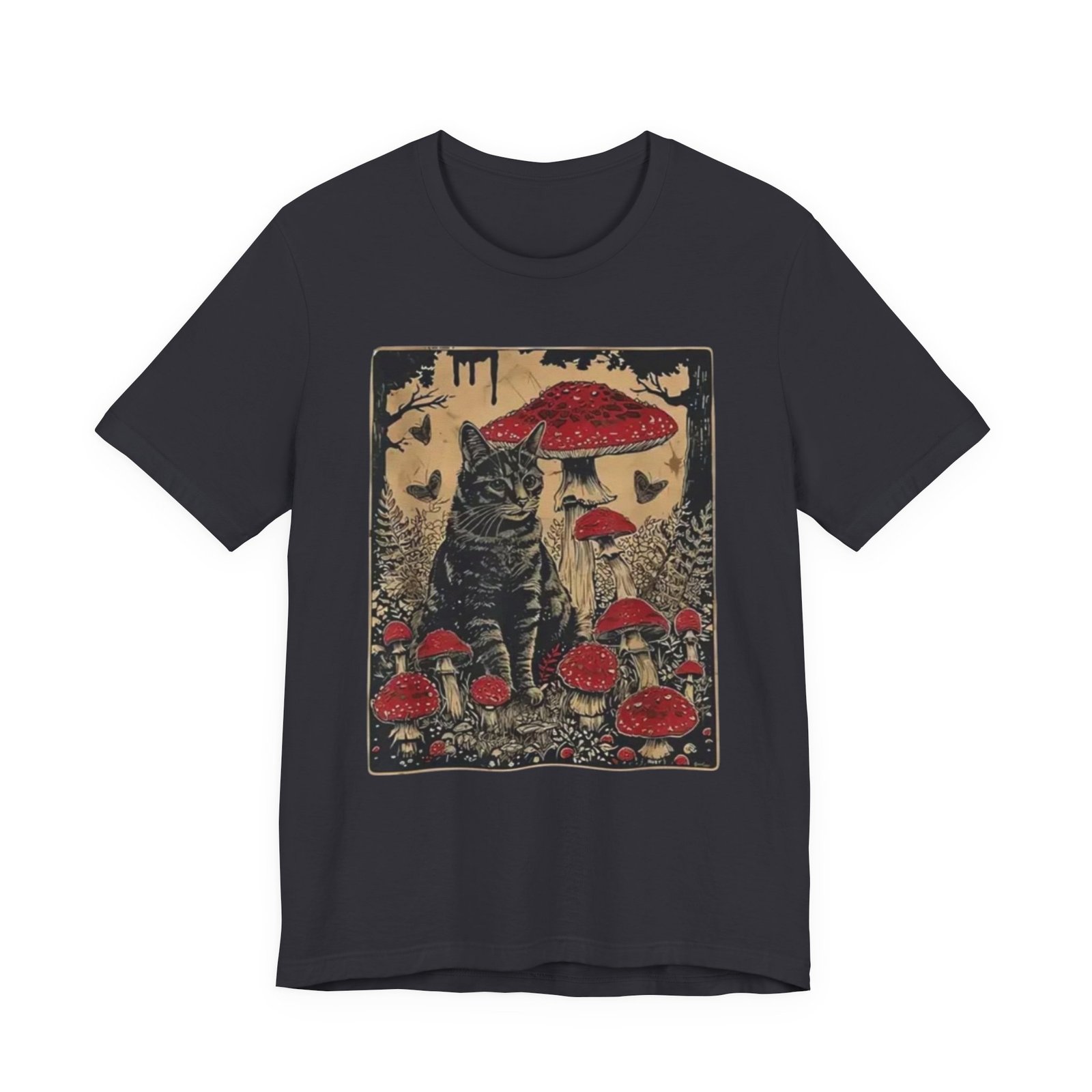 Black Cat with Red Mushrooms T-Shirt | Moody Forest Cat Illustration - Image 9