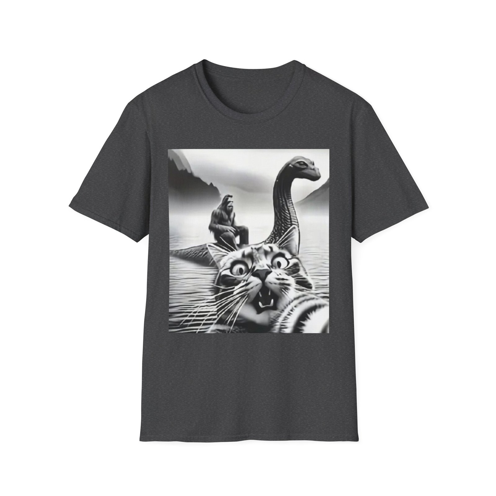 Surprised Cat on Loch Ness Monster T-Shirt | Retro Monochrome Illustration - Image 9