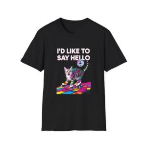 Colorful Disco Cat 'I'd Like to Say Hello' T-Shirt | Retro Rainbow Kitten Tee, 80s music tee