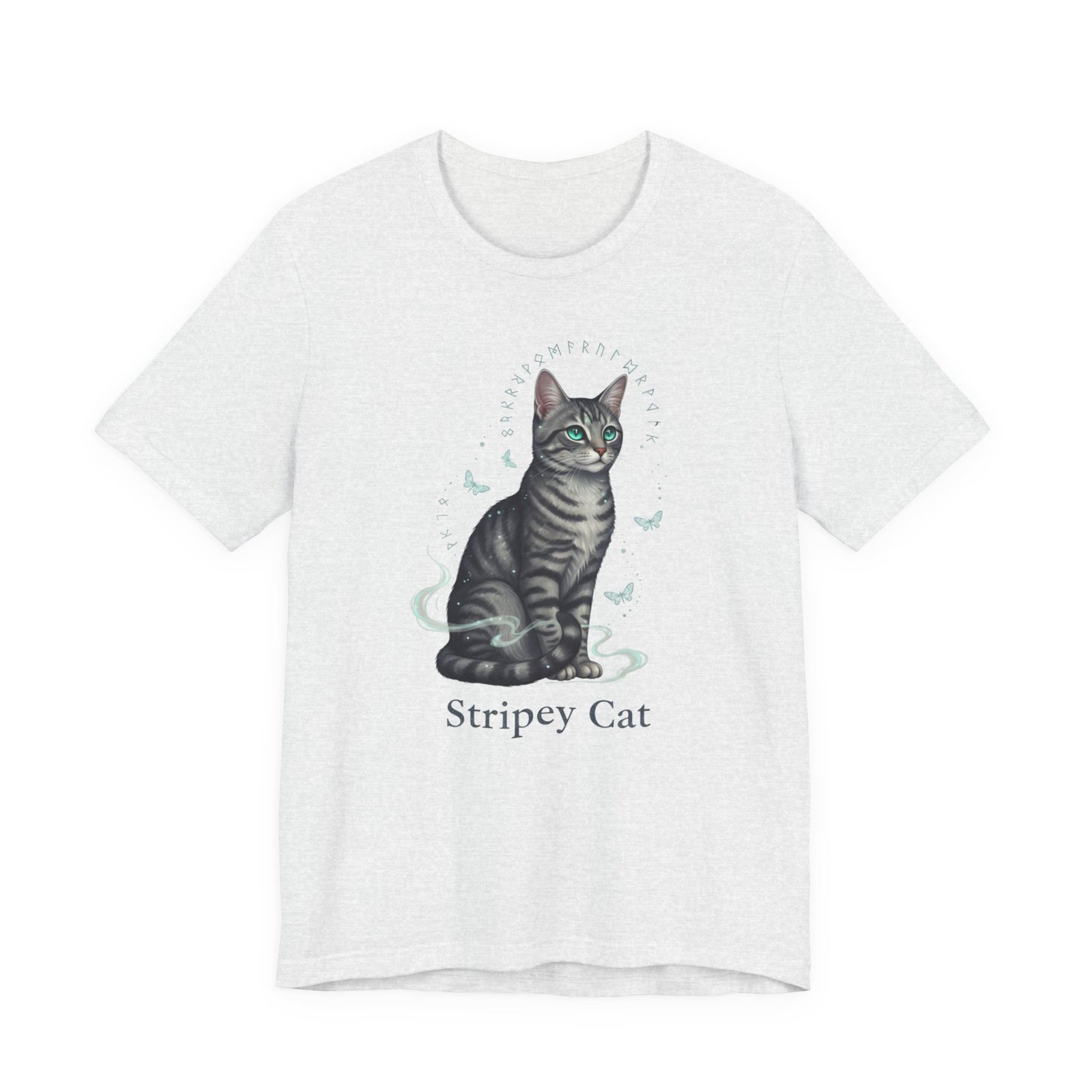 Stripey Cat illustration Tee | Grey Tabby Sitting with Butterflies - Image 2