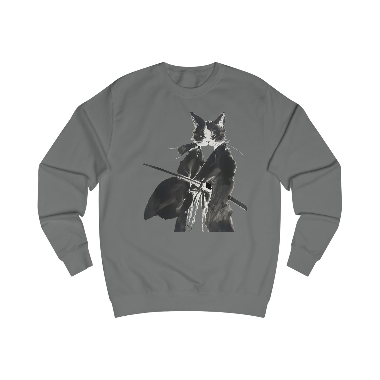 Samurai Cat sweatshirt | Black Ink Brush Illustration, Japanese Warrior, Minimal Monochrome