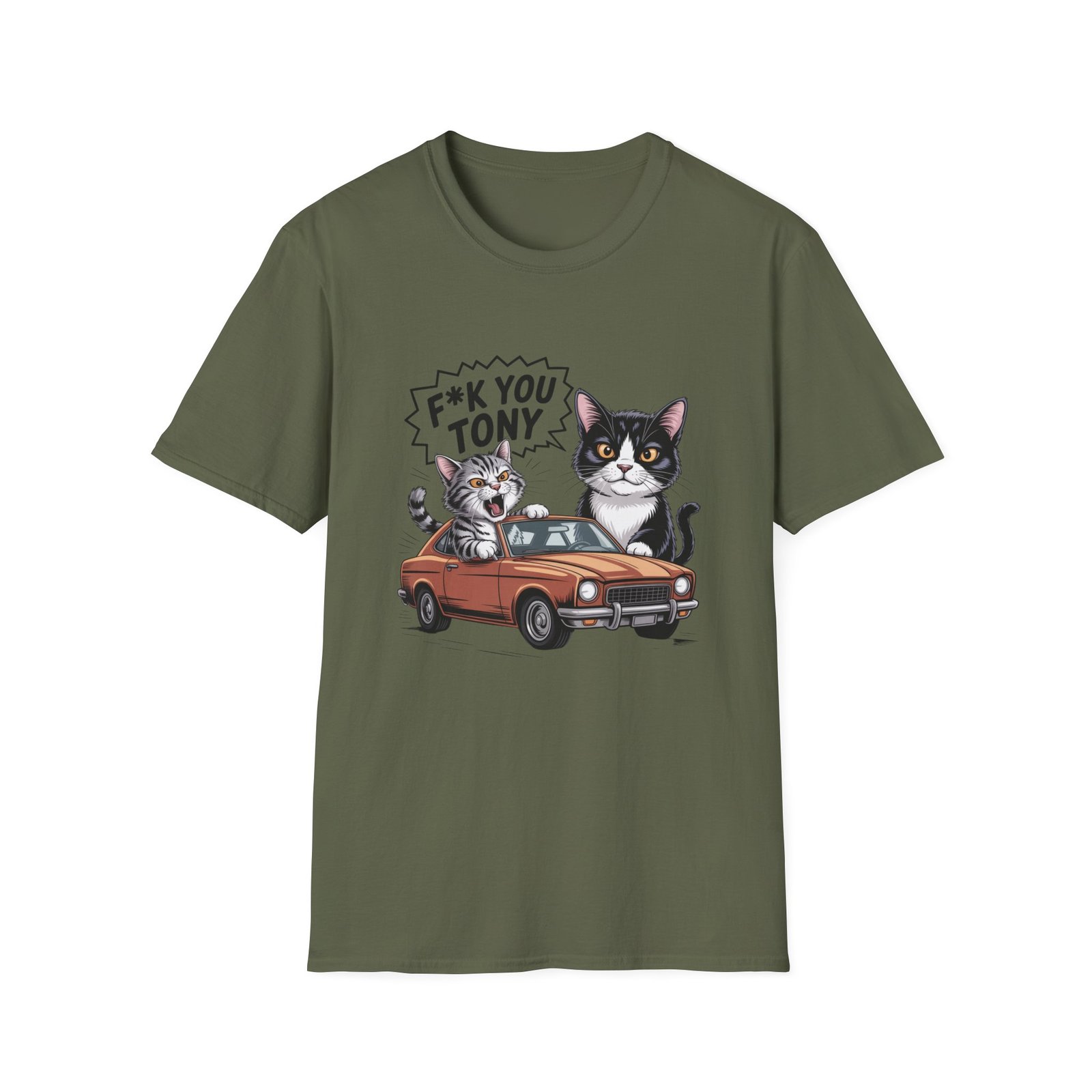 F*ck You Tony Cat Illustration T-Shirt | Cute Cats, Retro Car, Sassy Quote - Image 13