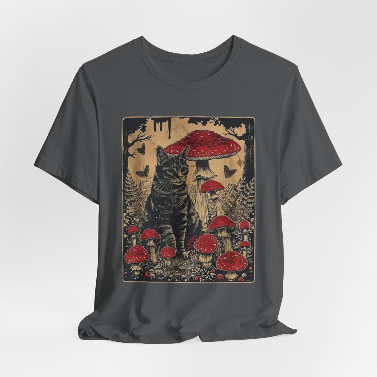 Black Cat with Red Mushrooms T-Shirt | Moody Forest Cat Illustration - Image 16
