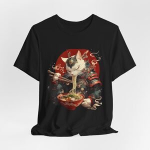 Samurai Cat Eating Ramen Tee | Japanese Neko Bowl, Anime-Inspired Shirt