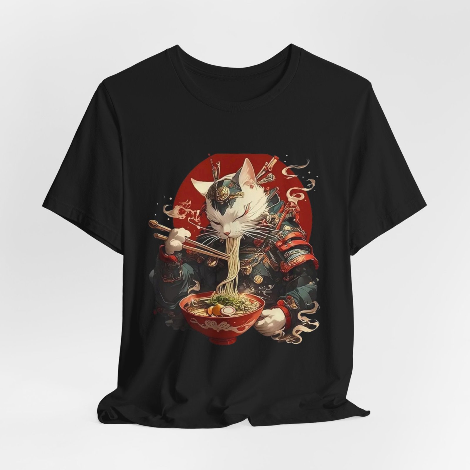 Samurai Cat Eating Ramen Tee | Japanese Neko Bowl, Anime-Inspired Shirt