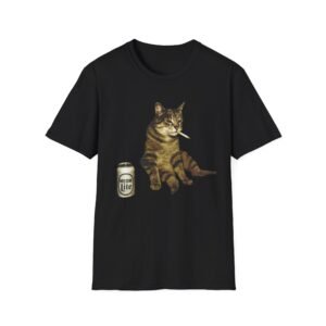 Smoking Cat with Beer Can T-Shirt | Funny Retro Tabby Design