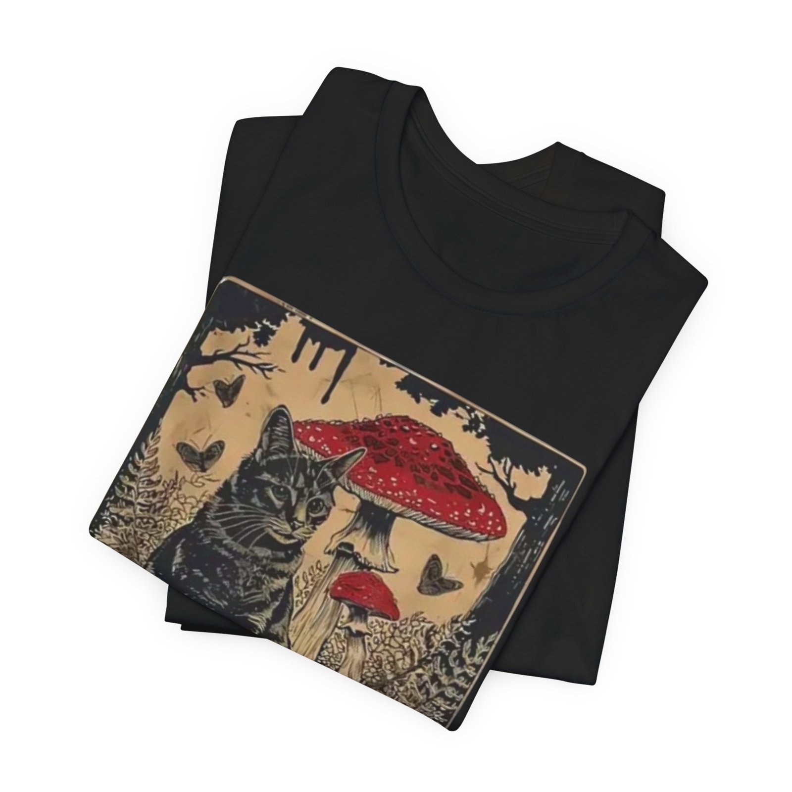 Black Cat with Red Mushrooms T-Shirt | Moody Forest Cat Illustration - Image 4