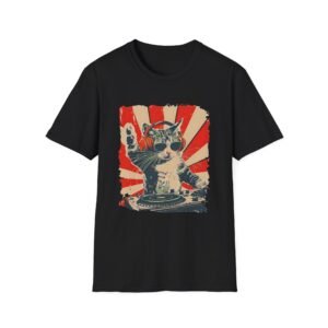 DJ Cat Graphic T-Shirt | Retro Sunburst Turntable Illustration