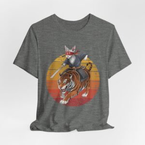 Samurai Cat Tee, Cat Riding Tiger Shirt, Asian Style Unisex Jersey Short Sleeve T-shirt, Animal Lover Gift, Graphic Tee, Cat Lady Gift,