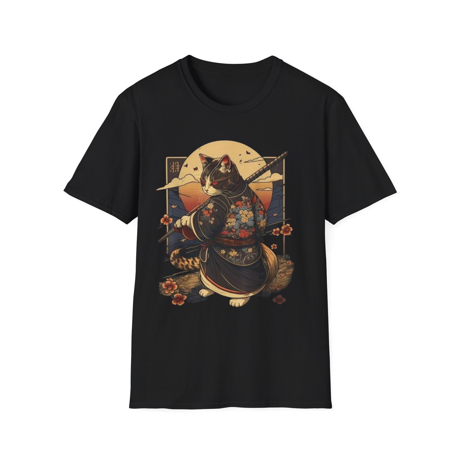 Samurai Cat Illustration T-Shirt | Japanese Kimono Cat Graphic Tee