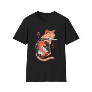 Sleeping Ginger Cat Ninja T-Shirt | Japanese Koi Wave Illustration