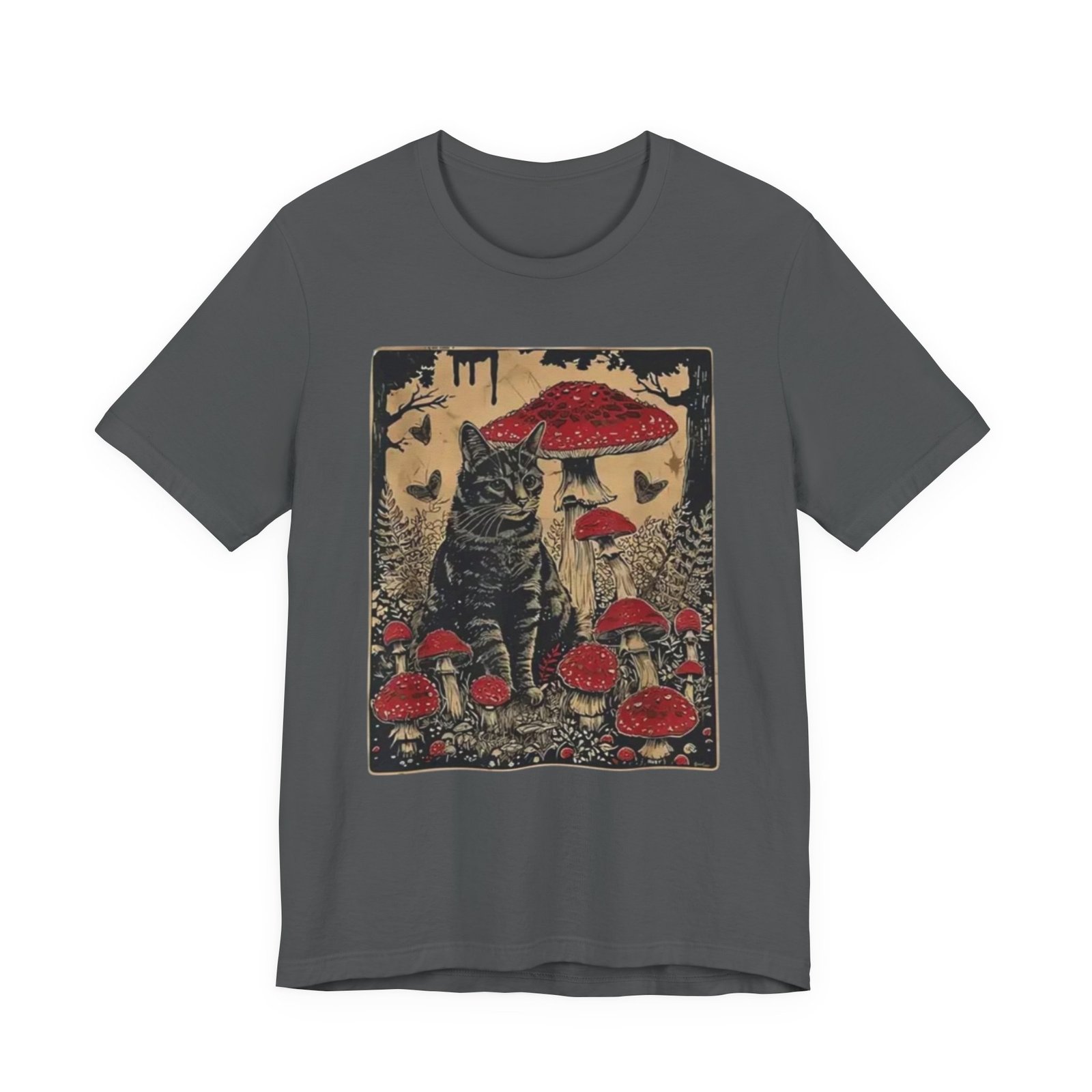Black Cat with Red Mushrooms T-Shirt | Moody Forest Cat Illustration - Image 13