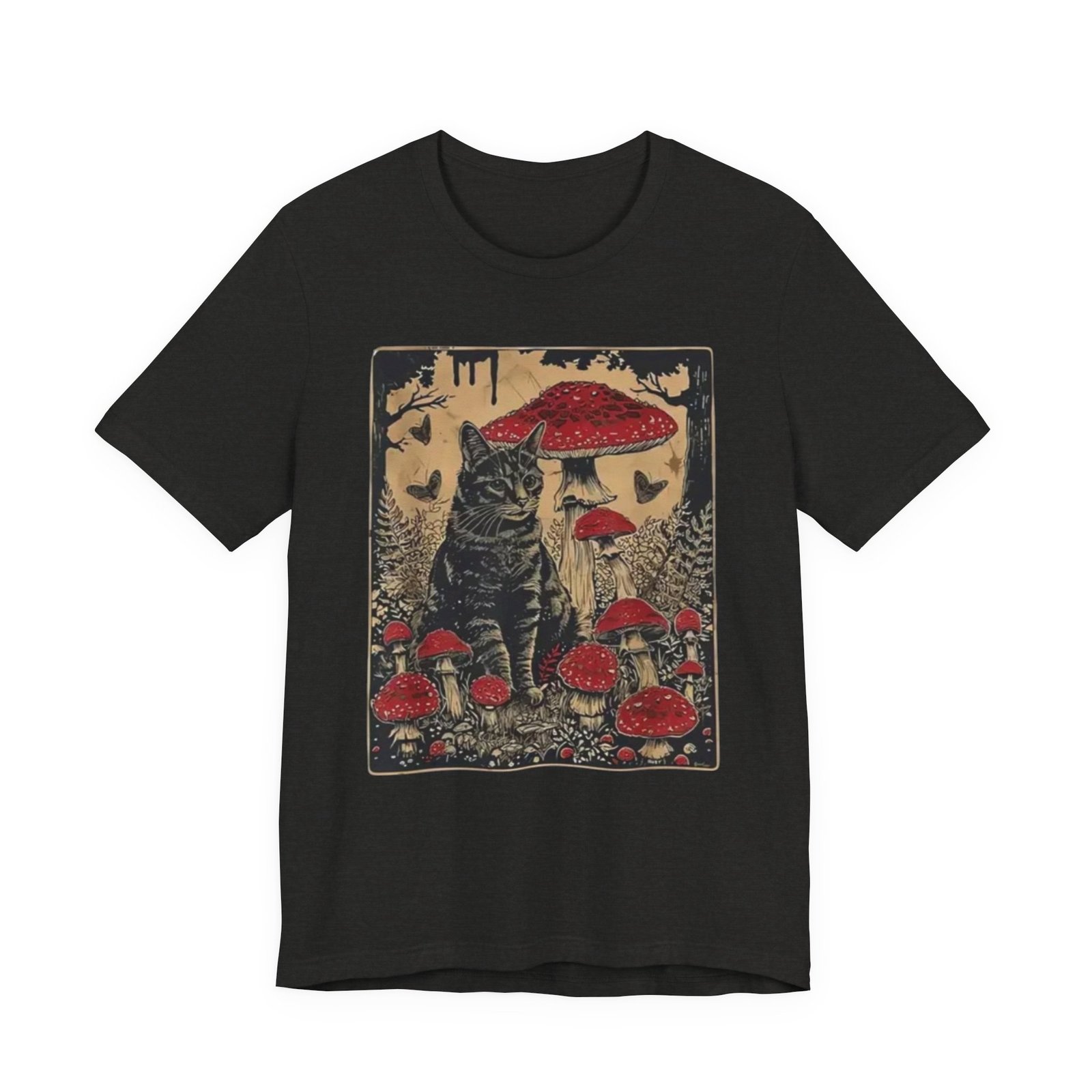 Black Cat with Red Mushrooms T-Shirt | Moody Forest Cat Illustration - Image 5