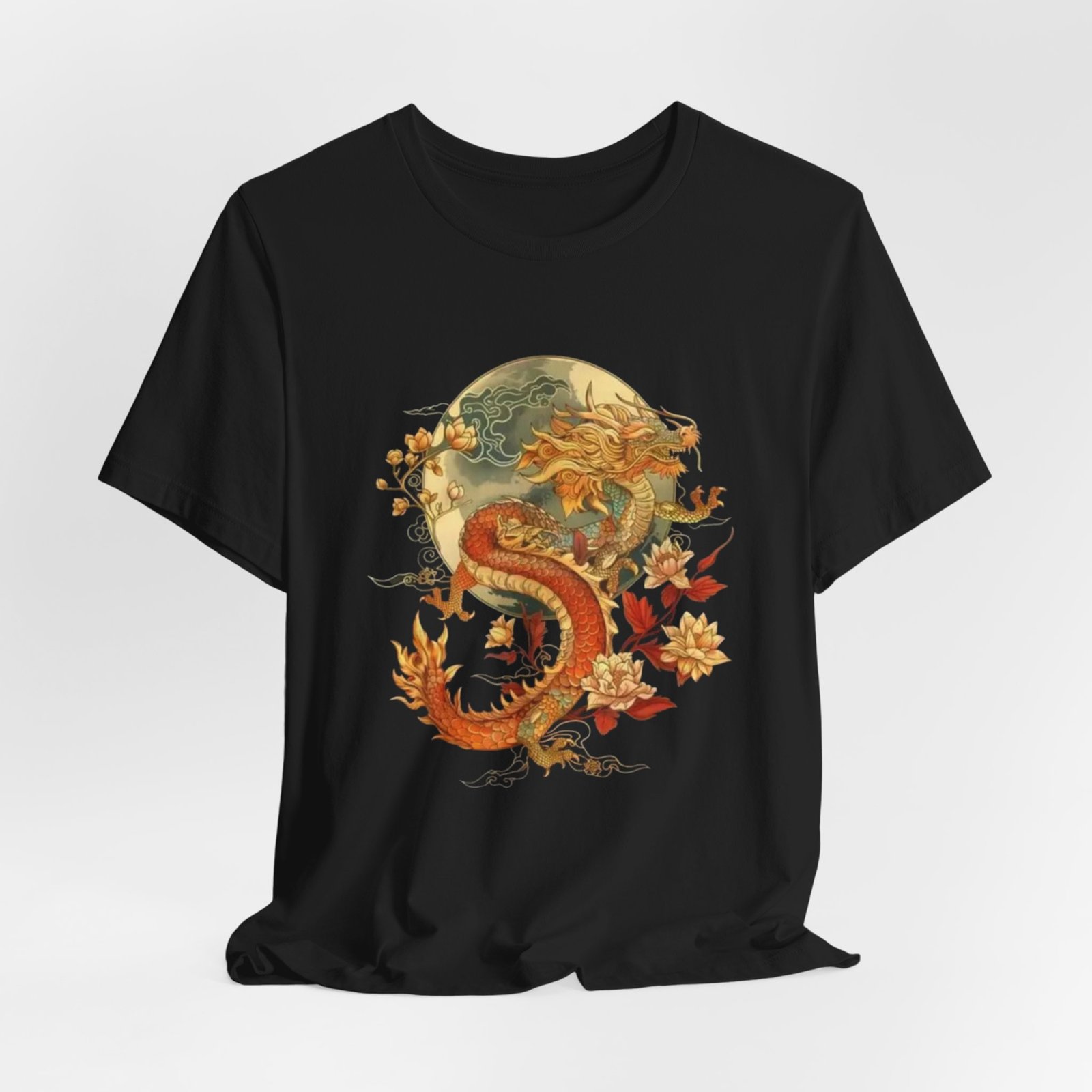 Autumn Koi Dragon T-Shirt | Vintage Floral Moon Illustration