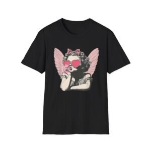 Retro Angel Girl with Heart Sunglasses T-Shirt | Pink Wings Graphic, Valentines day shirt