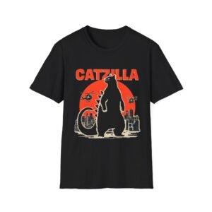 Catzilla monster silhouette T-Shirt | Retro city sunset cat kaiju design