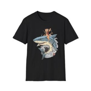 Cat Riding Shark T-Shirt | Ocean Wave Japanese Style Art