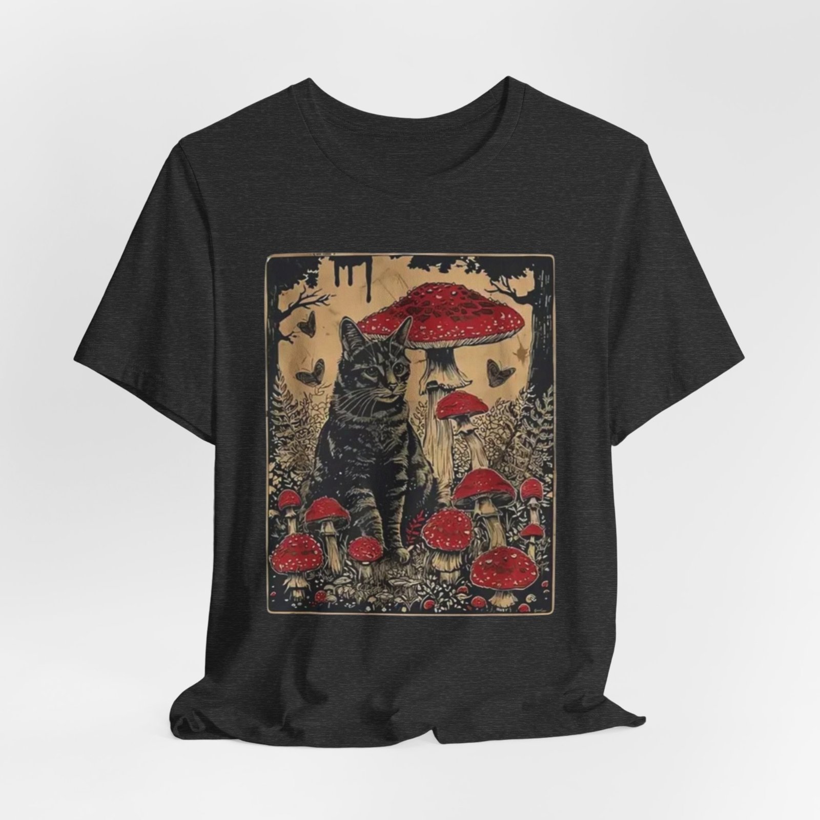Black Cat with Red Mushrooms T-Shirt | Moody Forest Cat Illustration - Image 20