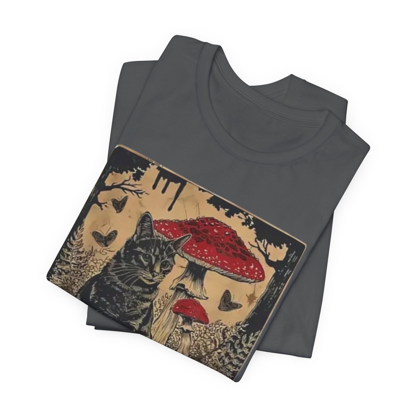 Black Cat with Red Mushrooms T-Shirt | Moody Forest Cat Illustration - Image 15