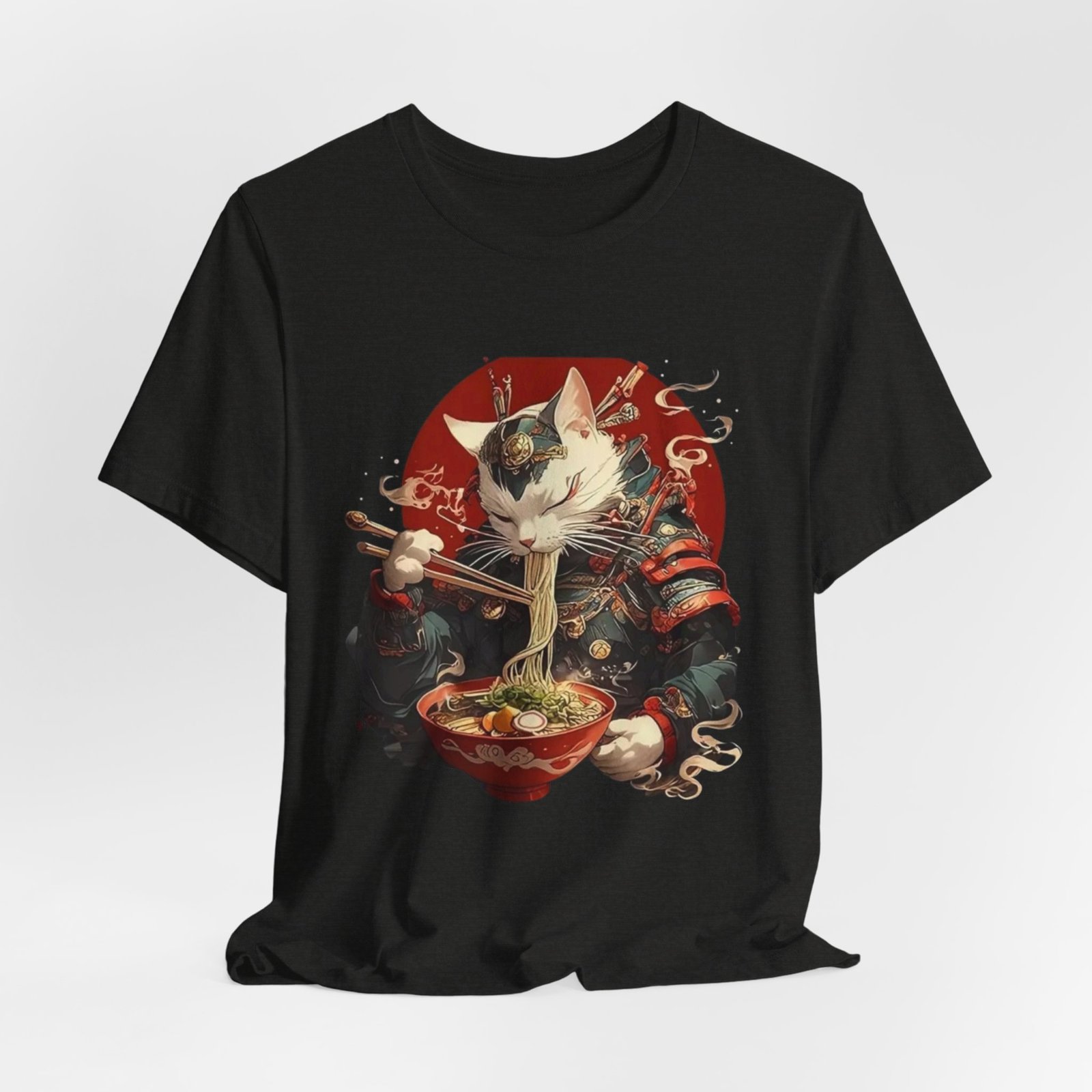 Samurai Cat Eating Ramen Tee | Japanese Neko Bowl, Anime-Inspired Shirt - Image 8