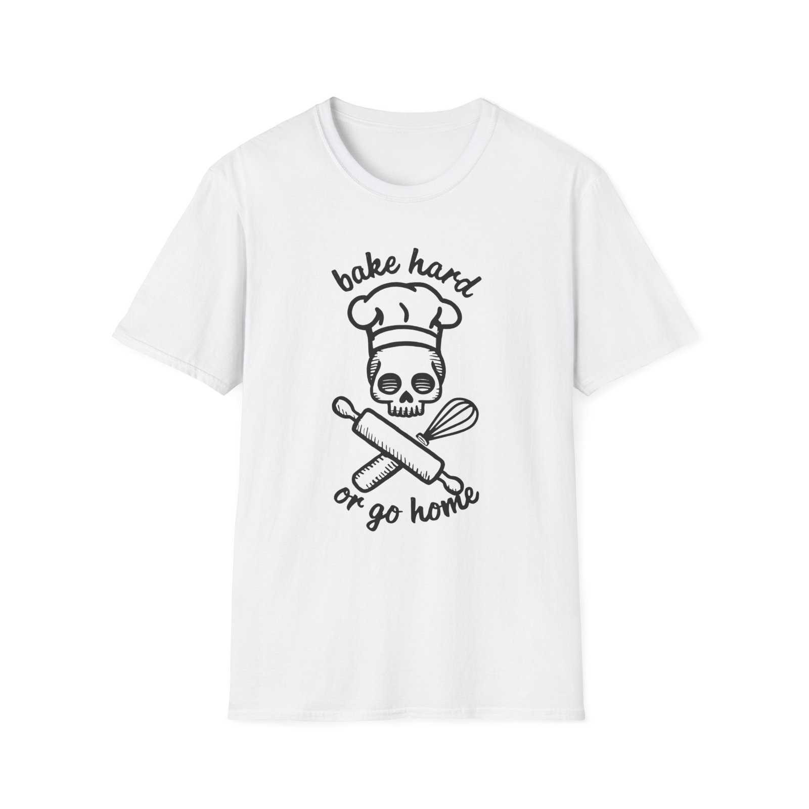 Bake Hard or Go Home T-Shirt | Skull Baker, Rolling Pin & Whisk Design - Image 5