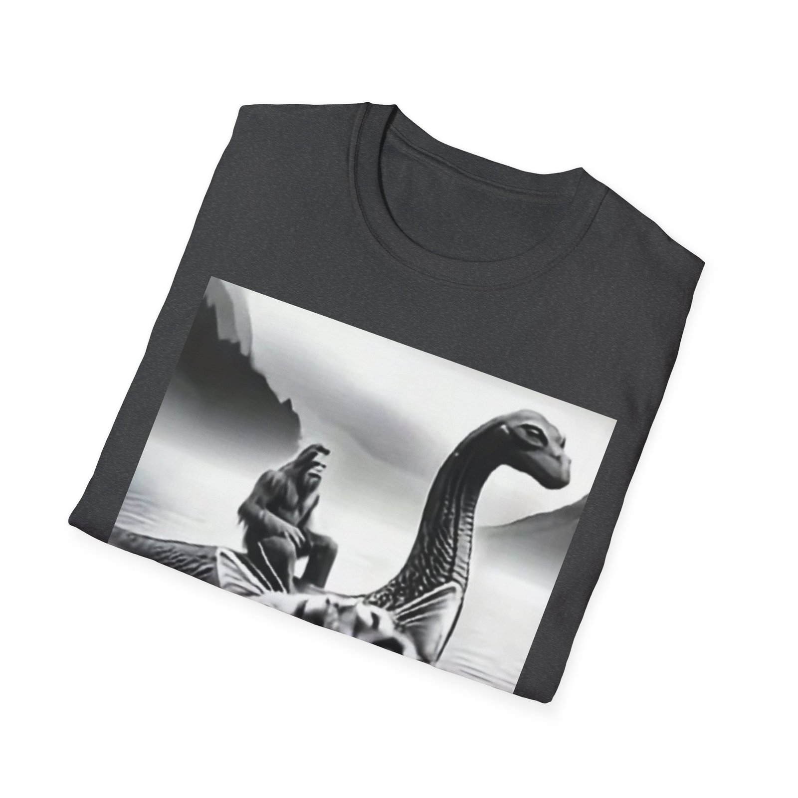 Surprised Cat on Loch Ness Monster T-Shirt | Retro Monochrome Illustration - Image 12