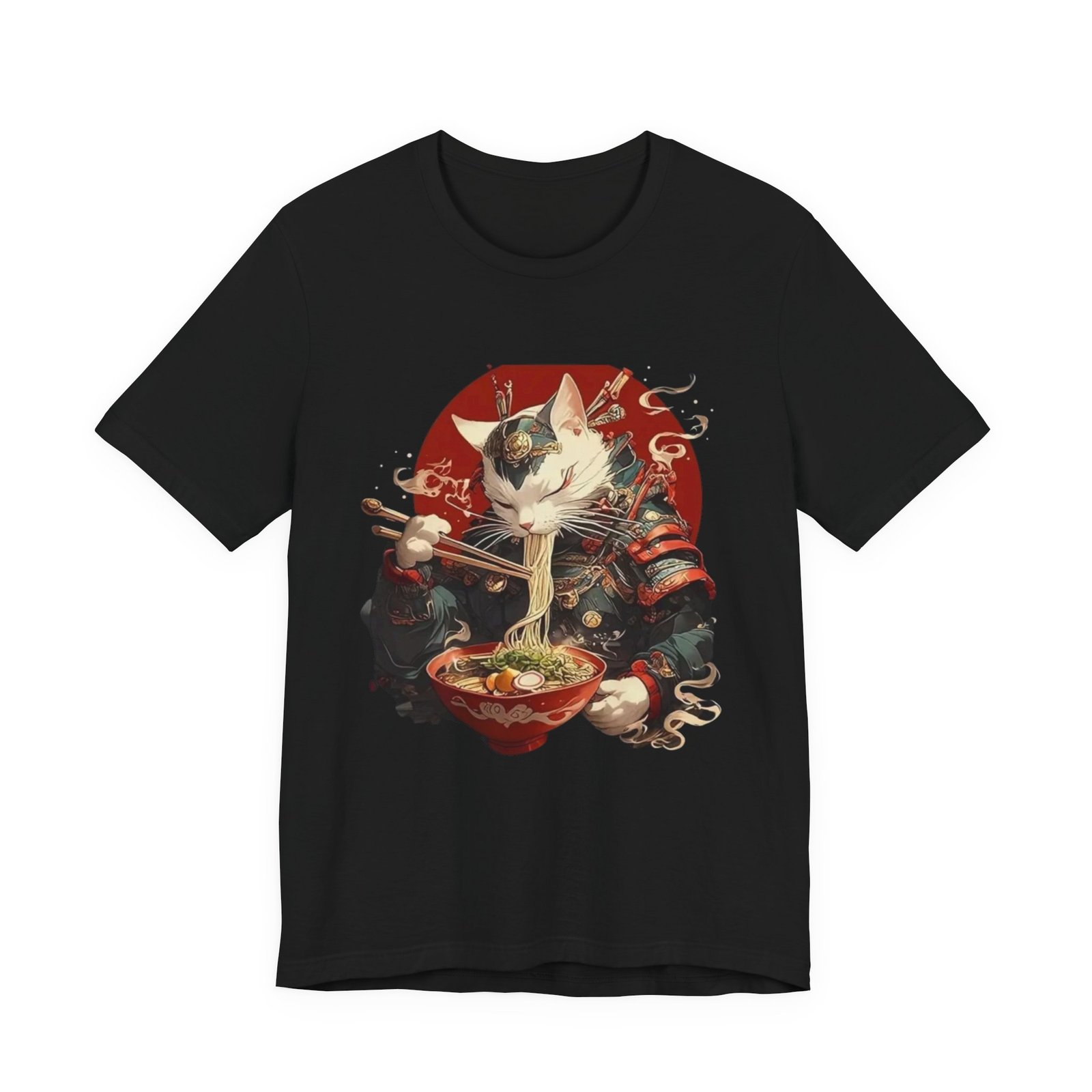 Samurai Cat Eating Ramen Tee | Japanese Neko Bowl, Anime-Inspired Shirt - Image 2