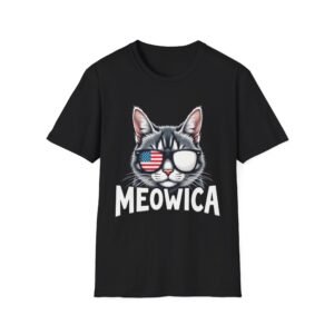 Meowica Patriotic Kitty Unisex Softstyle T-Shirt, Funny Cat Shirt, 4th of July Tee, Independence Day Gift, Red White Blue Animal Lover Top