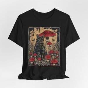 Black Cat with Red Mushrooms T-Shirt | Moody Forest Cat Illustration