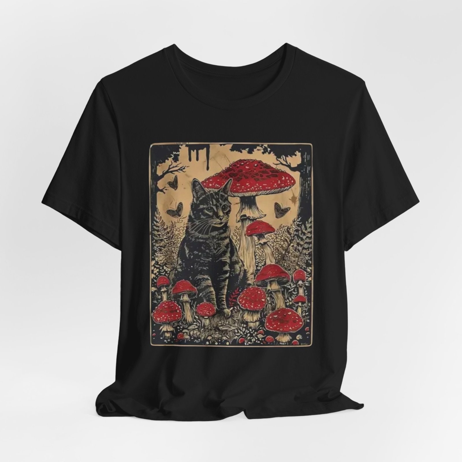 Black Cat with Red Mushrooms T-Shirt | Moody Forest Cat Illustration