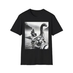 Surprised Cat on Loch Ness Monster T-Shirt | Retro Monochrome Illustration