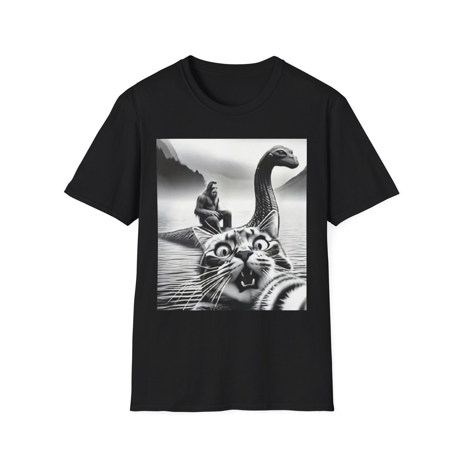 Surprised Cat on Loch Ness Monster T-Shirt | Retro Monochrome Illustration