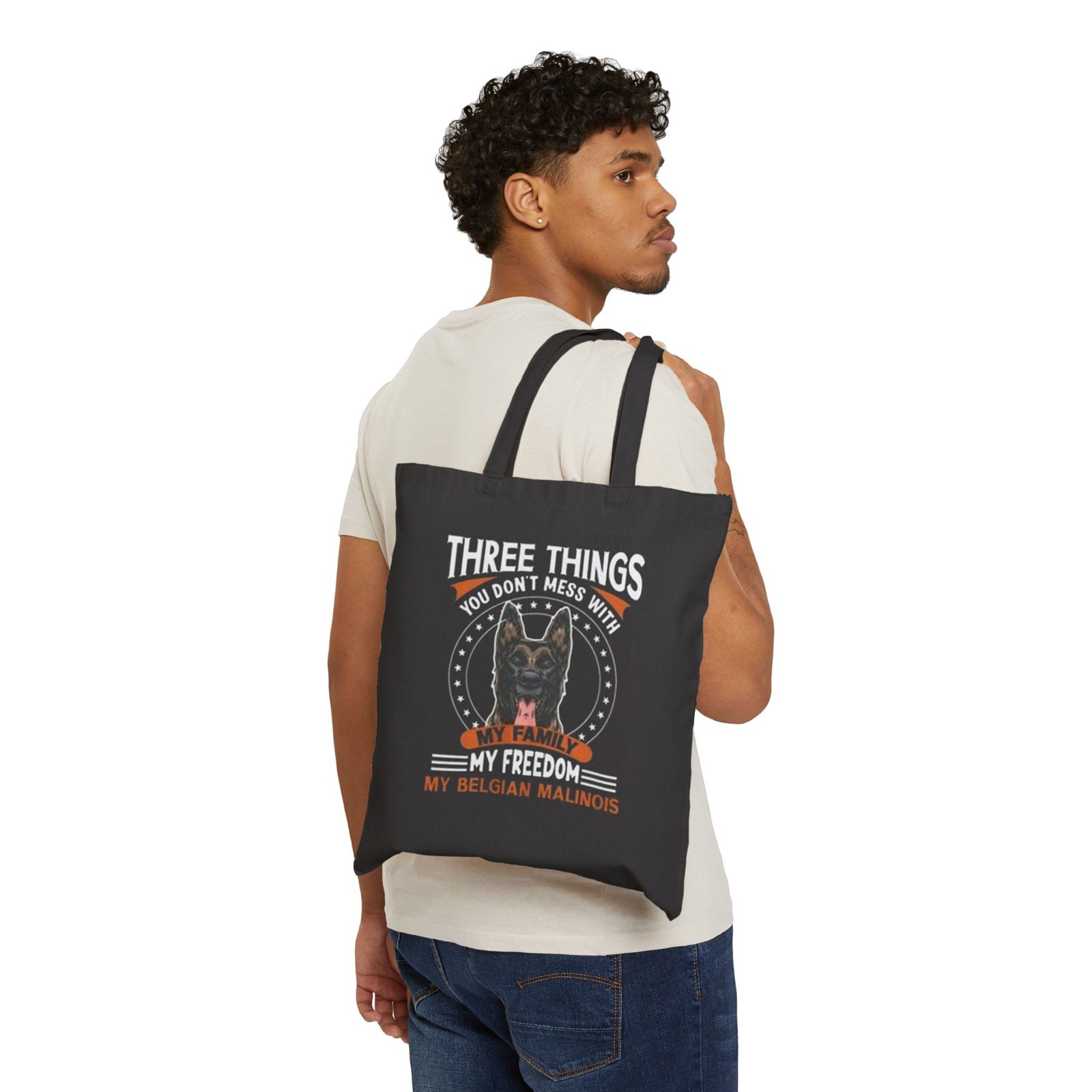 Tote Bag — “Three Things You Don’t Mess With: My Family, My Freedom, My Belgian Malinois” - Image 3