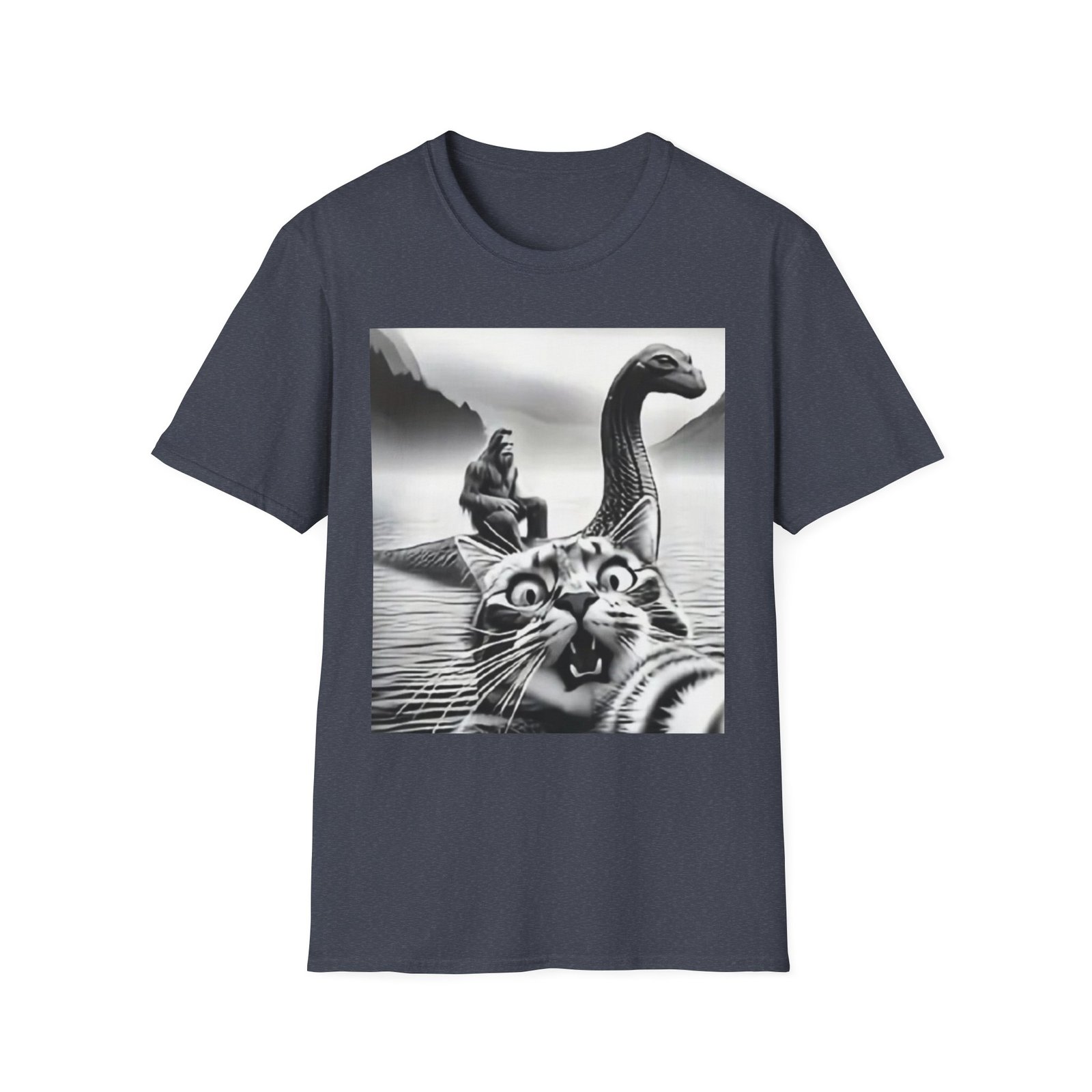 Surprised Cat on Loch Ness Monster T-Shirt | Retro Monochrome Illustration - Image 13