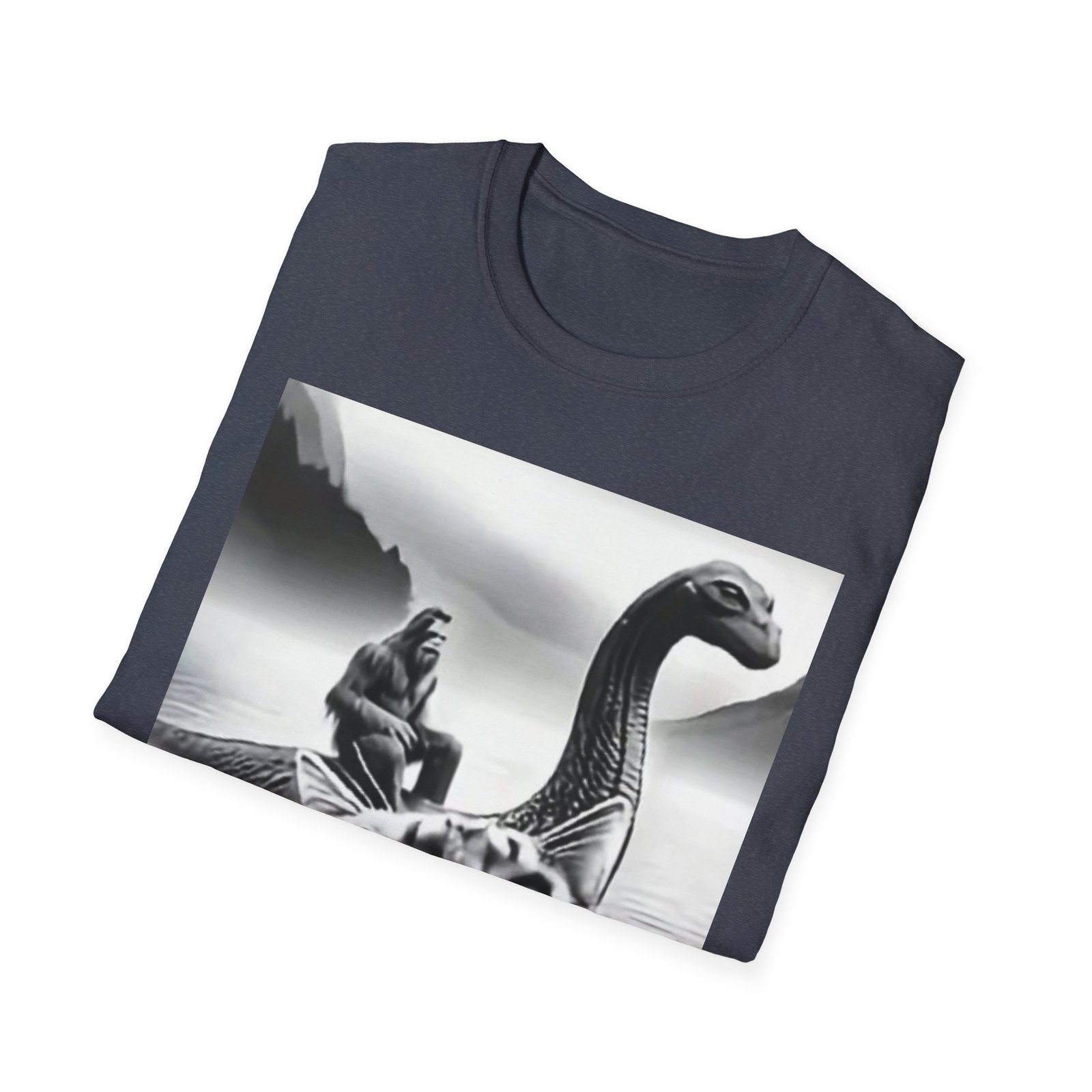 Surprised Cat on Loch Ness Monster T-Shirt | Retro Monochrome Illustration - Image 16