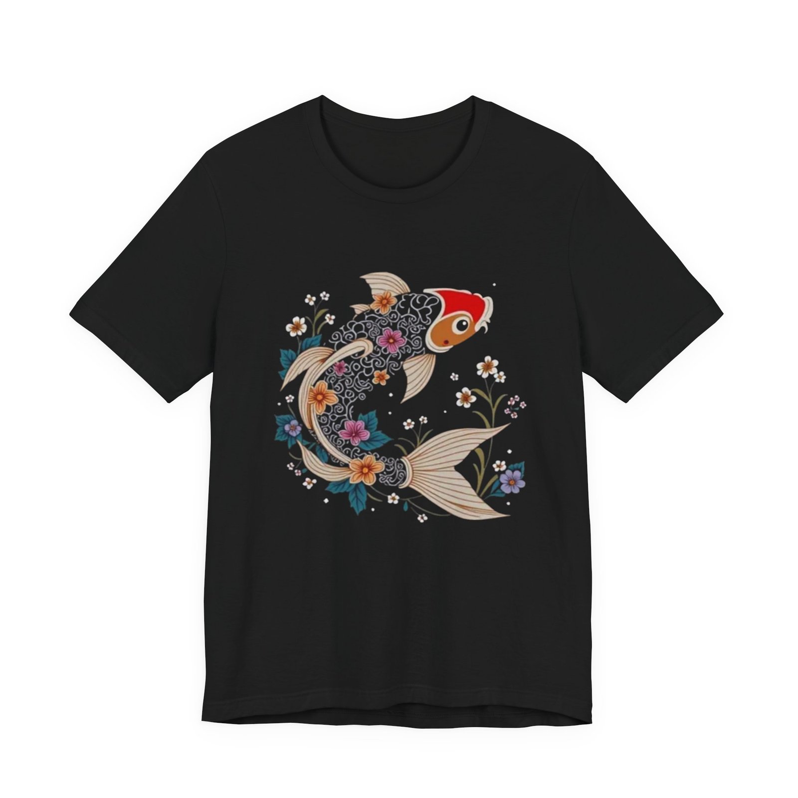 Koi Fish Floral Illustration Tee | Japanese Carp Nature Shirt - Image 2