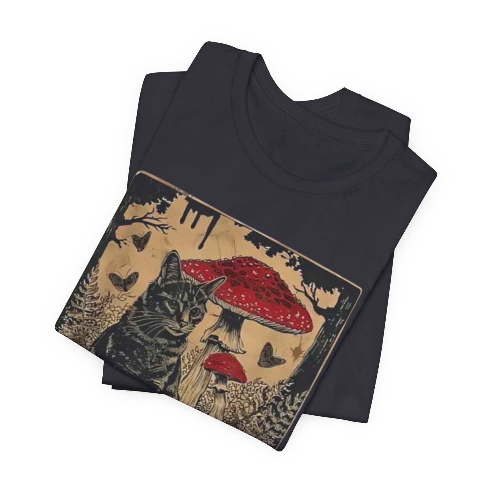 Black Cat with Red Mushrooms T-Shirt | Moody Forest Cat Illustration - Image 11