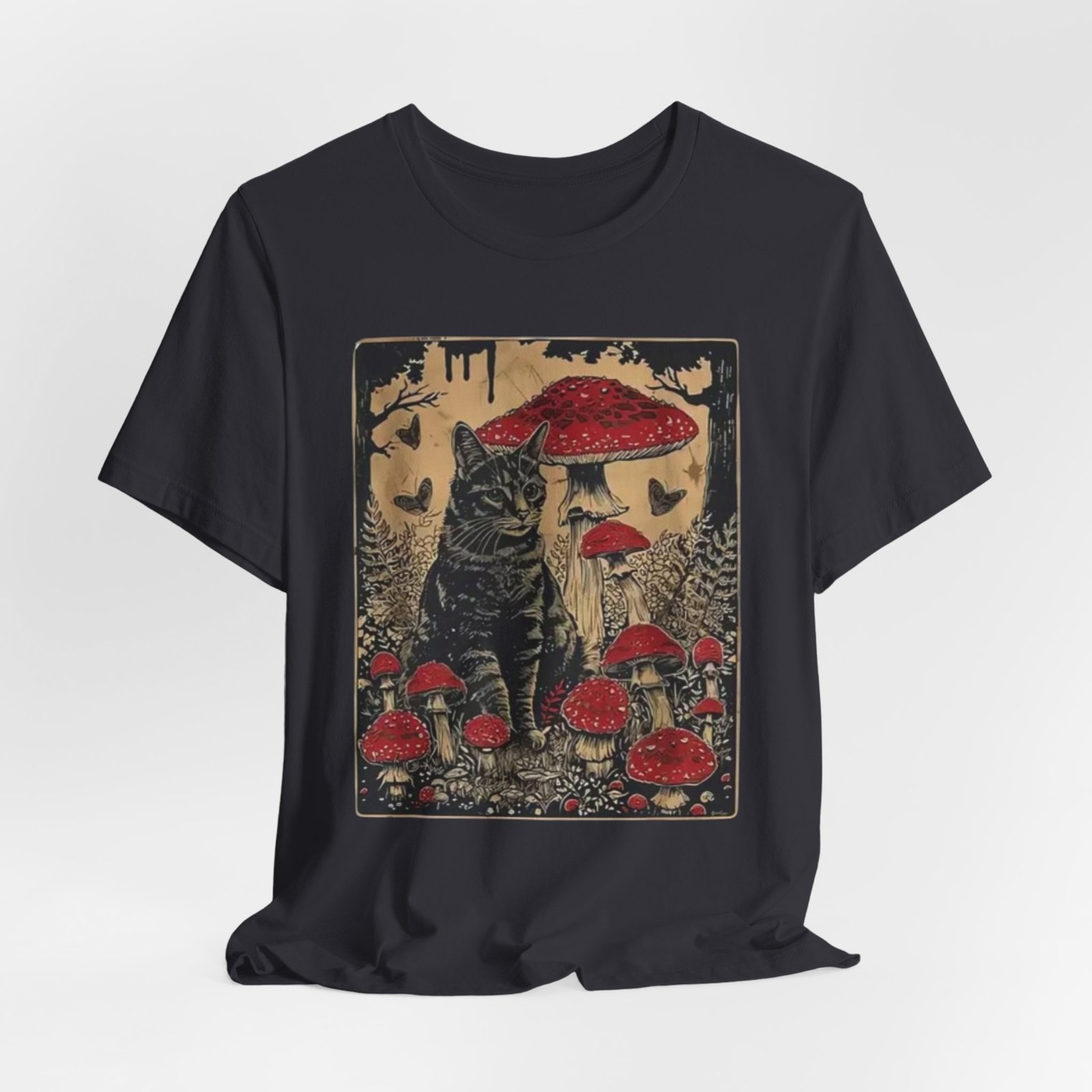 Black Cat with Red Mushrooms T-Shirt | Moody Forest Cat Illustration - Image 12