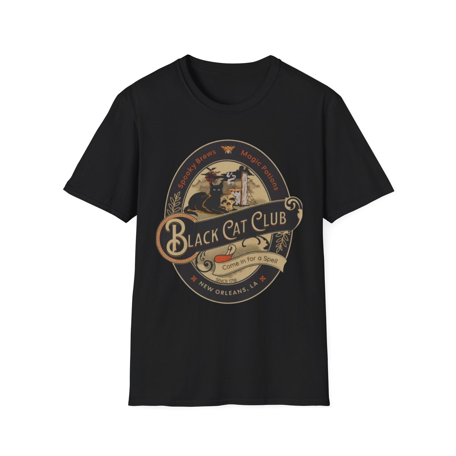 Black Cat Club T-Shirt | Vintage Halloween Moon Cat Design