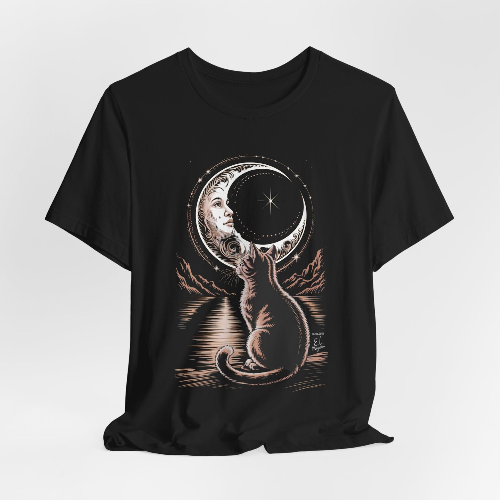 Celestial Cat Graphic Tee - Boho T-Shirt, Unisex Cat Lover Shirt, Moon Phase Top, Gift for Pet Owners, Astrology Apparel