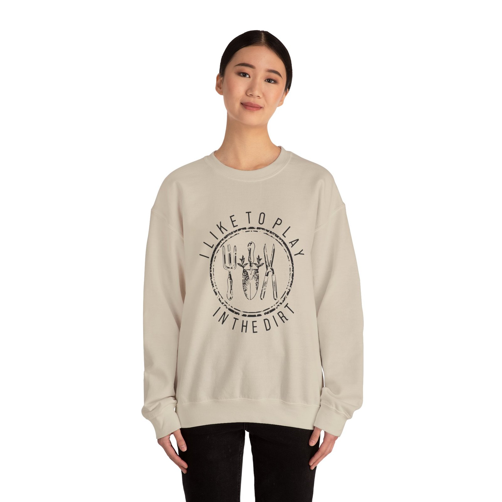 I Like to Play in the Dirt Crewneck Sweatshirt | Gardening Tools Graphic - Image 8