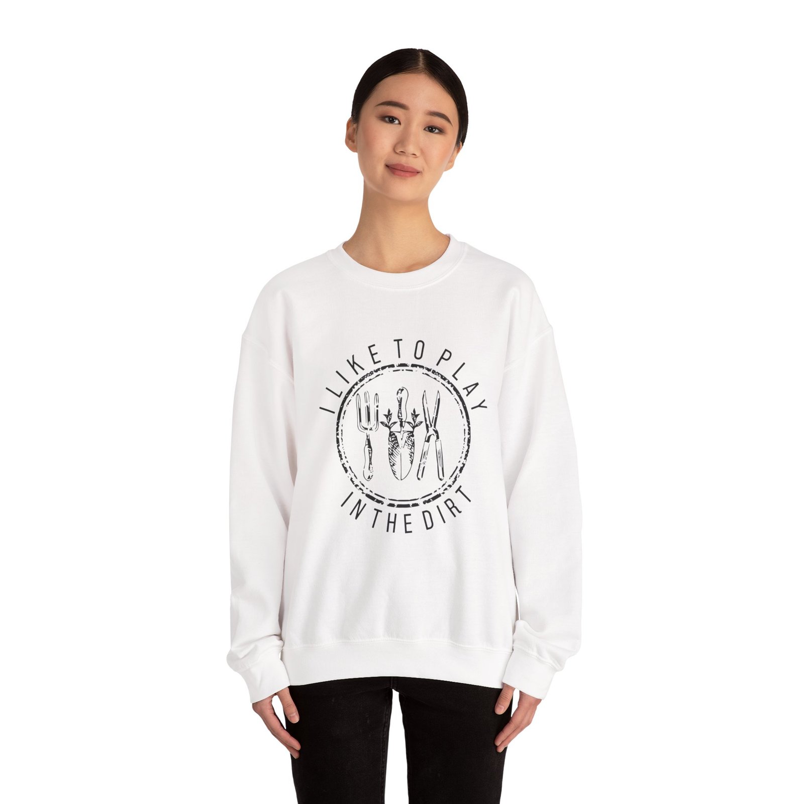 I Like to Play in the Dirt Crewneck Sweatshirt | Gardening Tools Graphic - Image 4