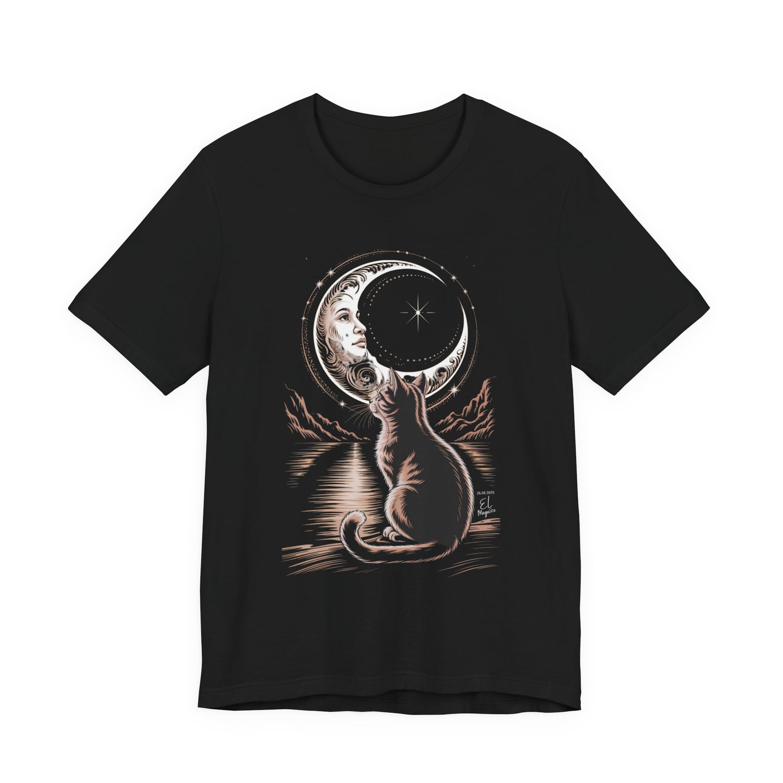Celestial Cat Graphic Tee - Boho T-Shirt, Unisex Cat Lover Shirt, Moon Phase Top, Gift for Pet Owners, Astrology Apparel - Image 2